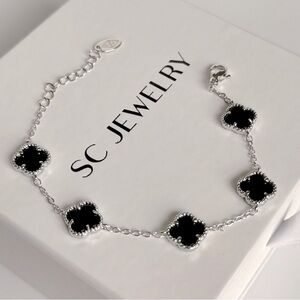 Petite Clover Bracelet Black Onyx Silver Tone Chain